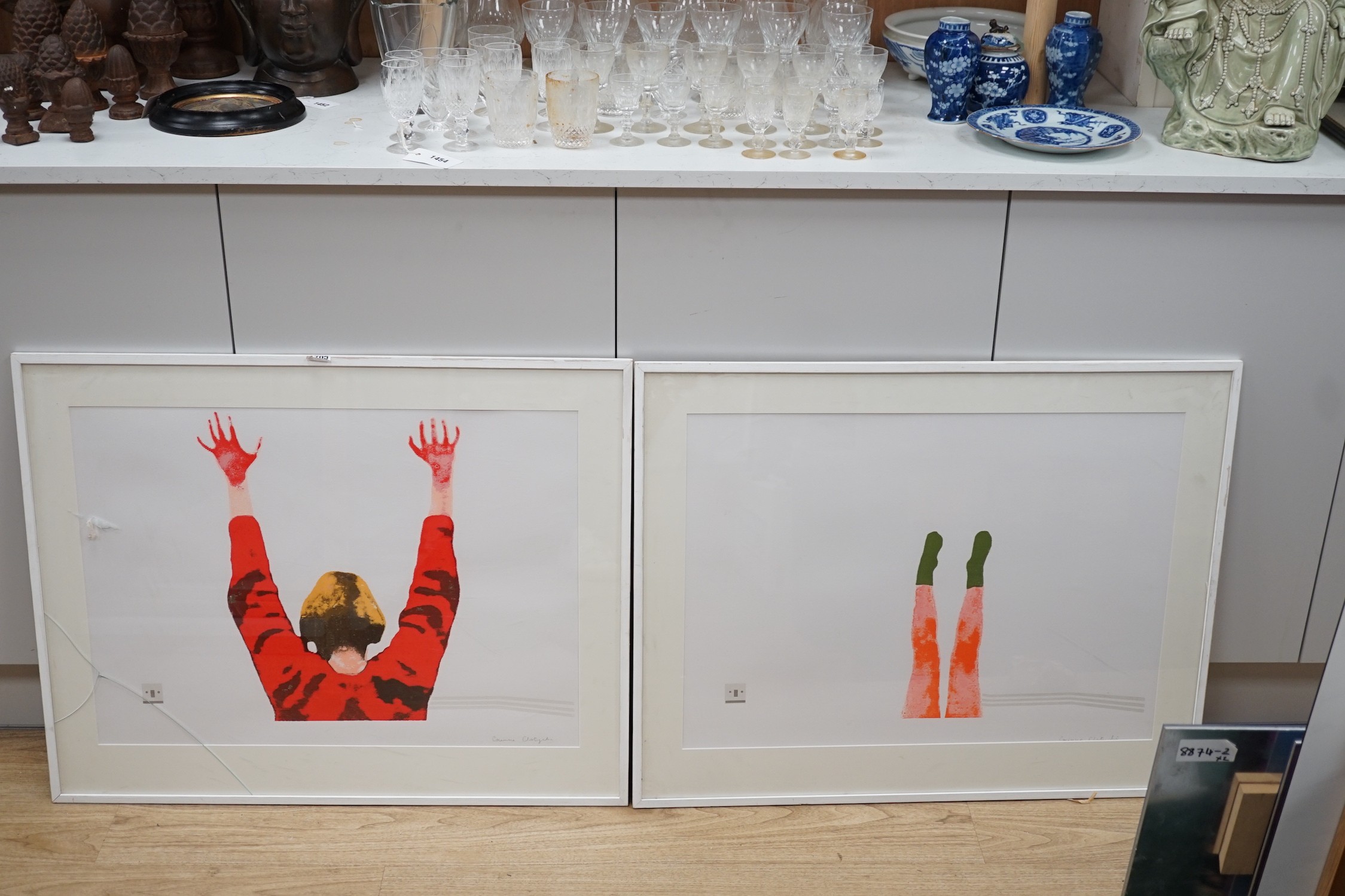 Corinne Chatychi?, pair of colour prints, Figure with raised arms and legs, signed in pencil, 49 x 66cm